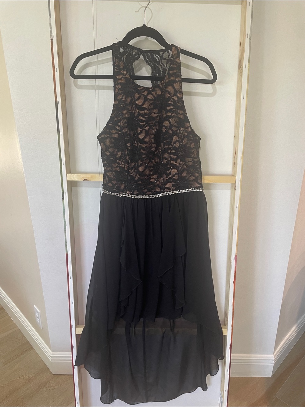 Black Lace High-Low Cocktail Dress with Beaded Waist